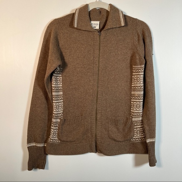 COLUMBIA ZIP CARDIGAN Size XS Brown/white design. Pockets Full Front Zip, Collar - Picture 1 of 9